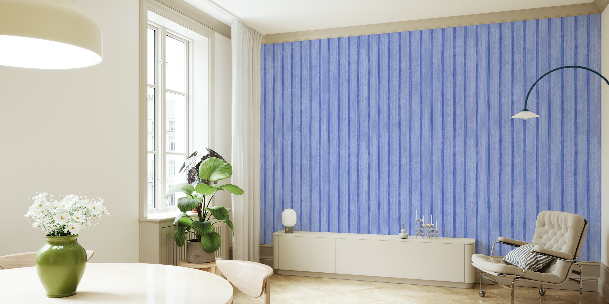 Navy Denim Blue Stripes veggmaleri med subtile teksturvariasjoner.